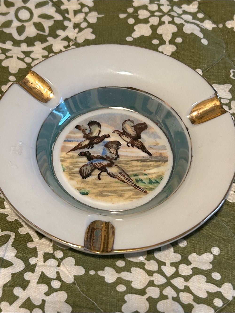 Porcelain Ashtray with Teal Band, Gold Accents and Pheasant Motif